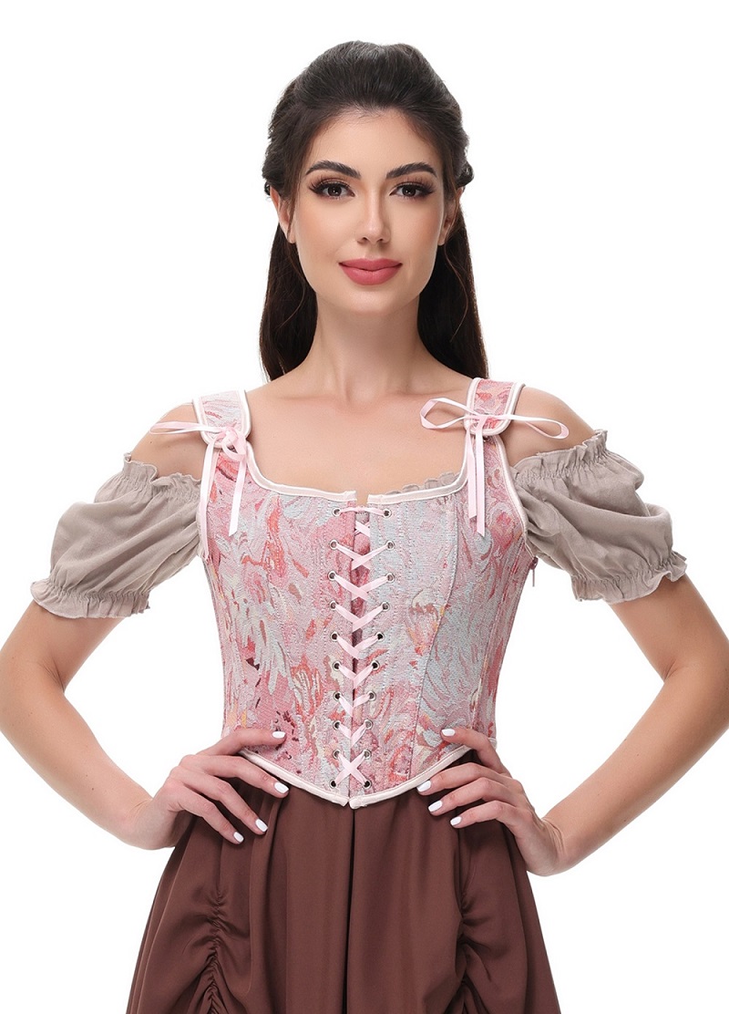 Women  Vintage Floral Corset Lace-Up Fishbone Print Vest Renaissance costume